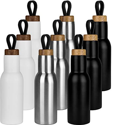 Edelstahl Trinkflasche mit Holzdeckel - 3-teiliges Set - Vakuum auslaufsichere Thermoskanne, Wasserflasche BPA frei, Isolierte Thermosflasche für Sport, Laufen, Fahrrad, Wandern - 400ml - Silber