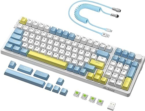 AJAZZ AK992 Teclado Wireless Gaming Hotswap,Tri-Mode 2.4G/BT5.0/Wired,Cable en Espiral USB C,RGB programable,Teclas PBT,Perilla de Volumen,Batería de 4000 mAh para PC/Mac/Win/PS4 (Interruptor Azul)