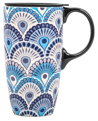 Topadorn Ceramic Travel Mug with Lid and Handle Ceramic Coffee Mug Ceramic Latte Teacup in Color Box 17 Oz, Splash Resistant Lid - To Go Tumbler for Car Cup Holder, Blue