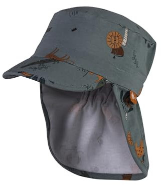 Sterntaler Schirmmütze mit Nackenschutzschutz Tiere für Jungen - Baby Mütze mit Druckmuster und UV 50+ - Sonnenkappe aus Baumwolle - mattgrün, 49