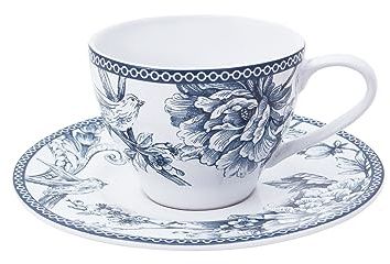 H&H Kensington Set 4 Tazze Tè, in Porcellana, Blu e Bianco, 240cc, con Piattino, Stile Inglese