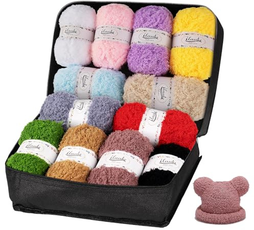12 Couleurs Laine Velours,ilauke 12 * 50g Pelotes de Laine à Tricoter Fil Laine Épaisse,Laine Chenille Multicolore Fil à Tricoter à la Main avec Sac de Rangement Noir pour Débutants et Professionnels