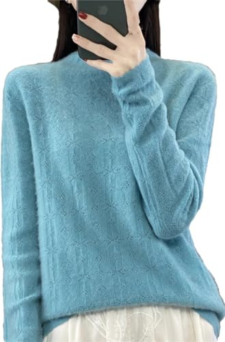 Maglione da Donna 100% Lana Merino di Prima Linea Senza Cuciture A Quadretti con Diamanti, Top in Maglia Lake Blue XL(62.5-67.5kg)