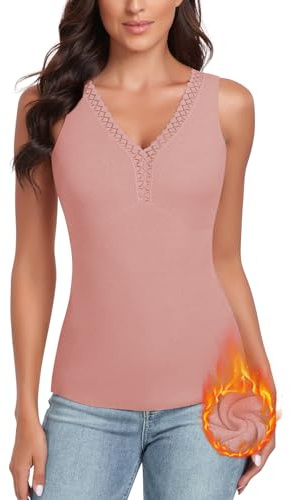 WOWENY Termoundertröja för kvinnor, tanktopp med spets, ärmlös vinter, termoskjorta, V-ringad, varm väst, undertröja, camisole, underkläder, fleecetröja, ROSA, XXL