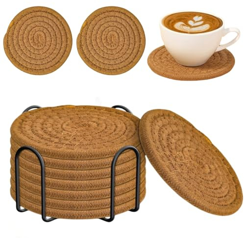 Tootesa Getränkeuntersetzer, 8 handgefertigte Untersetzer, Becher mit Halter, runde Untersetzer aus Baumwolle, waschbar und verschleißfest, Tischdekoration (Braun)