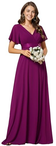Ever-Pretty Vestidos De Fiesta Muj A-línea Vestidos de Fiesta Escote en V Manga Corta Gasa Corte Imperio para Mujer Fucsia 38