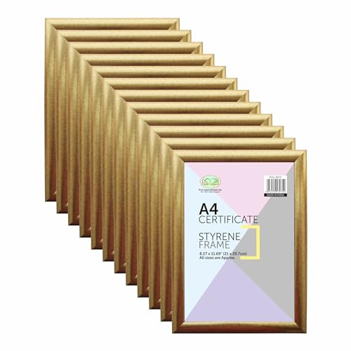 M1SS (Set of 12 - A4 Gold Photo Frame Styrene Front A4 Size Picture Frames Certificate Wood Effect Posters Portrait Wall Mountable Gift Wall Art Gallery Home Decor (21 x 29.7 cm)