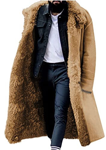 Kunstfell Jacke Herren Dicke Warm Winterjacke Lang Kunstpelz Mantel Mode Einfarbig Strickjacke Gefüttert Fleece Wintermantel Langarm Revers Pelzmantel Felljacke mit Taschen Pelzjacke Fellmantel 5XL
