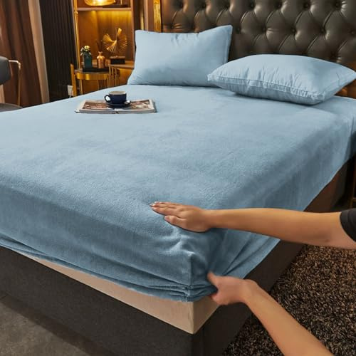 Gezu Drap Housse 160x200+30cm Bleu Clair Drap de Lit en Flanelle de Laine et Velours Corail Housse de Matelas Chaleur Hivernale Hypoallergénique sans Repassage Ourlet Élastique Solide