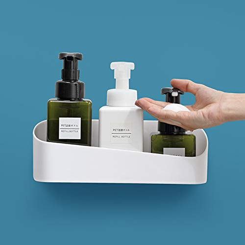 Minicoco Bathroom Shelf Adhesive Shower Caddy Basket Organiser Wall Mounted No Drilling Bath Storage Stick On Shelf Holder (White)