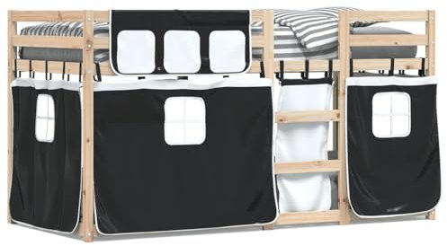 qohoio Etagenbett mit Vorhängen Weiß & Schwarz 75x190 cm Kinder Etagenbett Kinderbett Doppelbett Kinderhochbetten Bett Kiefernholz - 3283910