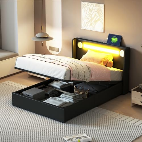 Polsterbett Einzelbett 90x200, Bett mit Stauraum&Lattenrost, LED Kopfteil mit USB-Aufladung&Bluetooth-Player, Hydraulisch Stauraumbett Funktionsbett Jugendbett Bettgestell, PU, Ohne Matratze, Schwarz
