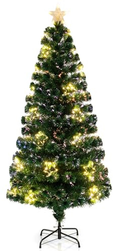 COSTWAY Künstlicher Weihnachtsbaum mit Beleuchtung, 180 cm Tannenbaum aus Glasfaser mit 36 warmweißen LED-Lichtern & 230 Zweigspitzen, Christbaum Kunstbaum beleuchtet mit Sternspitze für Zuhause Büro