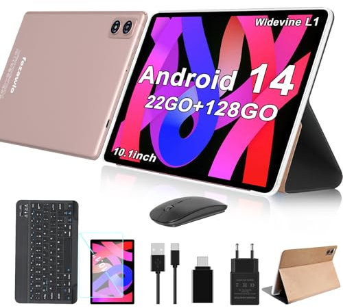 Tablet Android 14,22 GB RAM + 128 GB ROM (512 GB To Extensible), 8000 mAh, con 5G Wi-Fi, tableta táctil con Widevine L1| 8 núcleos | 2 en 1 tableta de 10 pulgadas con teclado, últimas tabletas PC—oro