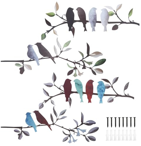 4 decorazioni da parete con uccelli in metallo, immagini per esterni, a forma di foglia d'albero, per esterni, resistenti alle intemperie, per soggiorno, giardino, esterno, balcone, decorazione (40 cm