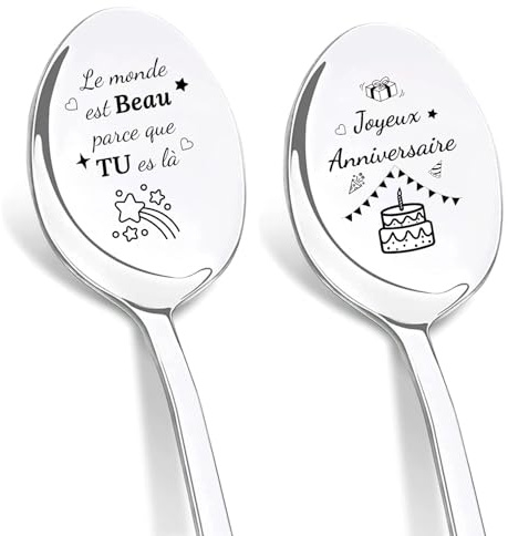 DIKARIYA Cadeau Anniversaire Femme, Cuillères Gravées Joyeux Anniversaire | 2 Pièces Cuillère à Café Acier Inoxydable, Cadeau Femme Original Idee, Personnalisé Cadeau pour Meilleure Amie, Soeur, Maman