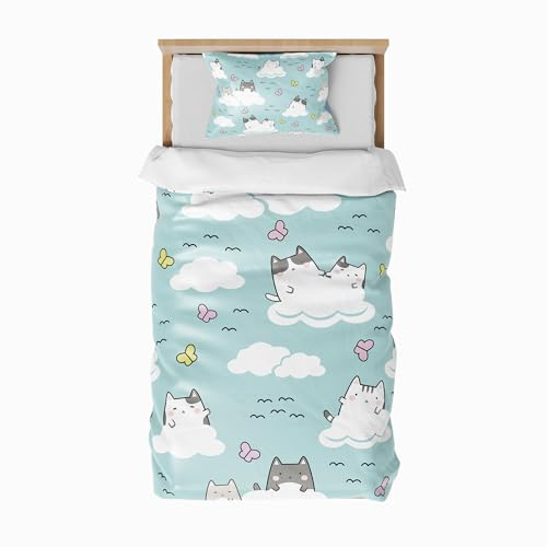 ZTYROLJ Funda Nórdica de Gatito 90x190cm, Funda Nórdica con Cremallera, Juego de Cama de Microfibra 1 Persona, Juego de Cama Infantil con Funda de Almohada 40x60cm