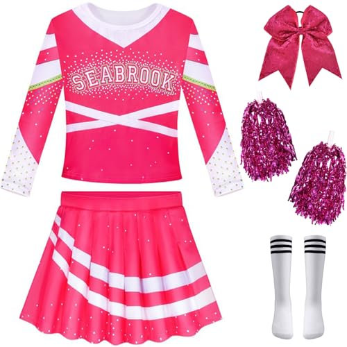 Windskids Addison Cheerleader Kostüm mit Pom Poms Mädchen Zombie High School Cheerleading Outfits und Kopfbedeckung Socken für Halloween Karneval Party Maskerade Performance Verkleidung, 3-10 Jahre