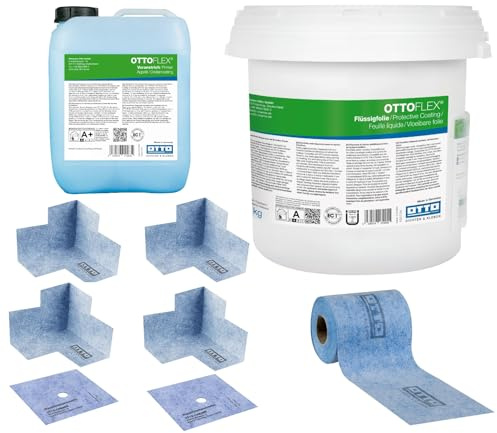 OTTO-FLEX Komplett-Dichtset mit 24 kg Flüssigfolie und 2 Beutel Farbpaste (10g) 5 kg Voranstrich 2 Wanddichtmanschetten 15 x 15 cm 20 Meter OTTOFLEX Objektdichtband 4 Innenecken Abdichtung