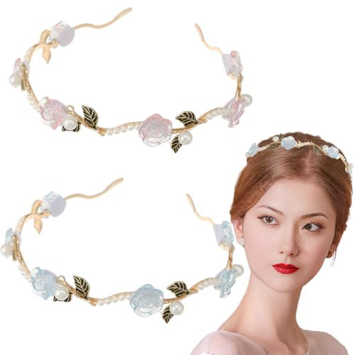 2 PCS Serre-tête en perles rose rouge et rose blanche, Bandeau Grecque Romain Coiffe Cheveux Couronne Femme Accessoires, Bridal Coiffe de Mariage Feuille Serre-tête Couronne