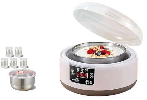 Máquina de yogur probiótico totalmente automática de 1,2 l, con tarros de vidrio, recipiente interior de acero inoxidable, máquina eléctrica de yogurt, para yogur griego casero, vegano o saborizado