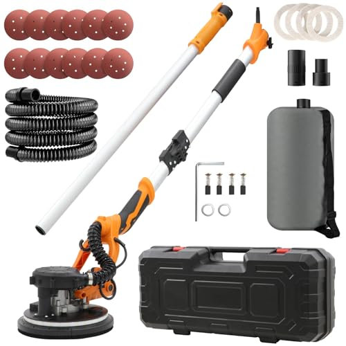 VELPAX Drywall Sander 1250W,11.5A Electric Drywall Sander with Vacuum,with 12 PCS Sanding Discs, 5 Variable Speed, Xtension Handle,LED Light,Variable Speed 500-1800RPM