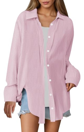 Musselin Bluse Damen Oversized, Musselin Bluse Damen Langarm Elegant Leicht Oversize Tuniken Einfarbig Lässiges Hemd Oberteile, Hellrosa, M