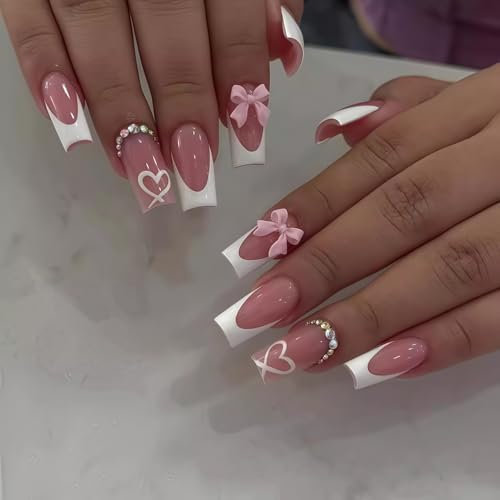 TANSAR 24 Stück Press on Nails, Mittel Pink French Fake Nails Weiß Tip, Künstliche Nägel mit Strass Schleife für Frauen und Mädchen