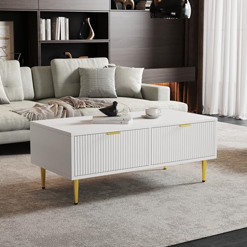 Merax Moderner Weißer Couchtisch Stilvoller Wohnzimmer Tisch mit Goldenen Akzenten 2 Schubladen – 100x50x40 cm