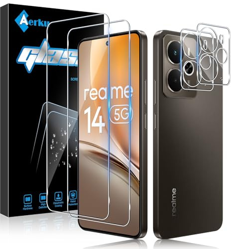 Aerku Schutzfolie für Realme 14 5G für Panzerglas, 2 Stück 9H Härte Folie und 2 Stück Anti-Kratzen Kameraschutz, 0.33MM Ultra-Klar Displayschutz, Anti-Bläschen Displayschutzfolie Schutzglas