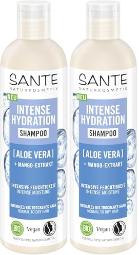 SANTE Naturkosmetik Intense Hydration Shampoo Aloe Vera + Mango-Extrakt, veganes Pflegeshampoo für intensive Feuchtigkeit, stärkt trockenes Haar, 250ml (Packung mit 2)