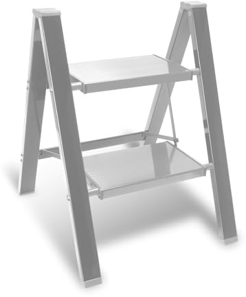 Peviasot Trittleiter, Klapptrittleiter 2 Stufen Klappbar, Leicht Stehleiter, Aluminium Tritthocker, rutschfeste Leiter mit Klappsicherung, Klappleiter für Haushalt, Küche, Belastbar bis 150kg, Silbrig