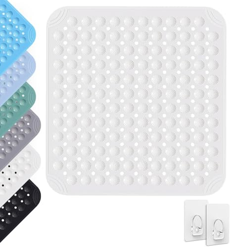 Duschmatte, 80 x 80 cm, Antirutschmatte mit Saugnäpfen, Quadrat Duschmatte mit 2 Haken, Rutschmatte aus PVC mit Ablauflöchern, Massage Antirutschmatte, Waschmaschinenfest, für Dusche und Sauna, Weiß