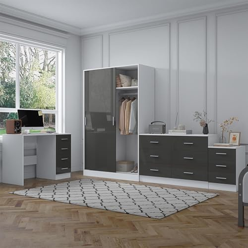 Reflect - 2 Door Sliding Wardrobe + 6 Drawer Chest + 3 Drawer Bedside + 4 Drawer Desk in Gloss Grey/Matt White