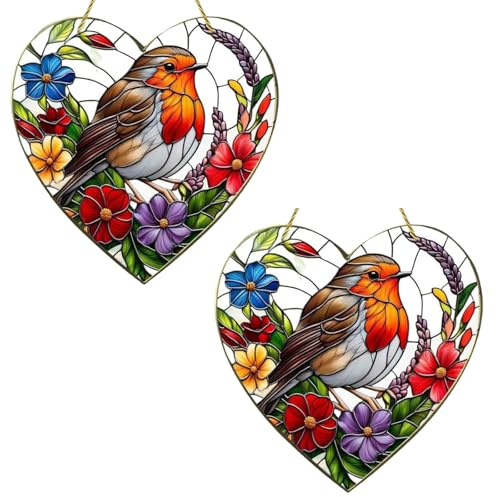 2 Robin Gifts, Heart-Shaped Robin Bird Sun Catchers for Windows, Garden Bird Ornaments with Stained Glass Effect, Colorful Suncatchers for Home Decor, 20x20cm Acrylic Hanging Ornaments