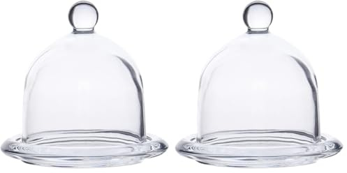 PRETYZOOM Mini Cake Stand with Dome Lid - Clear Glass Cloche Bell Jars for Desserts, Cheese, Candy, Cameo Figurine (3.7x3.7x3.5 '') (Pack of 2)