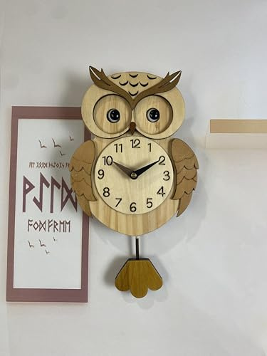 CUYOU Owl Wooden Kids Wall Clock - Battery Operated Pendulum Analog Clock, Decorative Clocks for Walls Home Decor Clocks