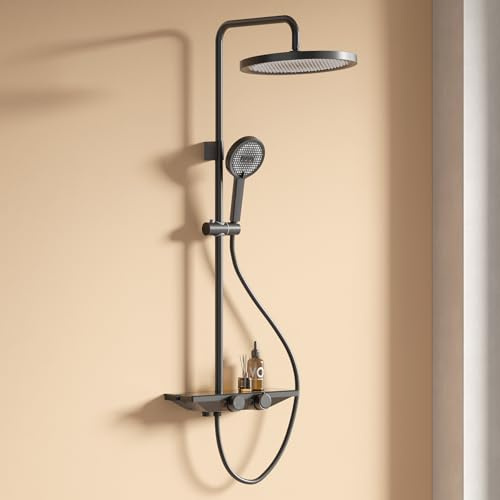 PUKANIUM Thermostat-Duschsystem, Duscharmatur Komplettset mit Regenduschkopf und Handbrause, Wandmontage Badezimmer Dusche, XL Regenduschkopf 255 mm mit Duscharmatur, Schwarz
