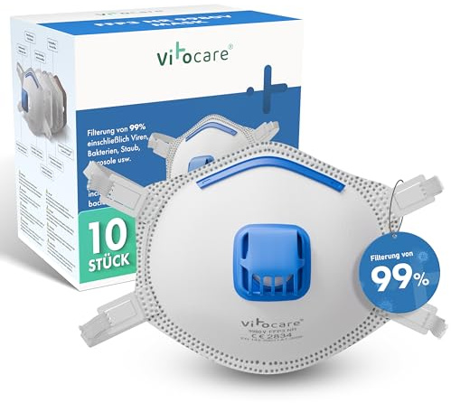 vitocare FFP3 Masque avec valve au choix 5x, 10 ou 20 masques respiratoires avec arceau nasal réglable, masque anti-poussière avec forme ergonomique, protège-dents avec micro-filtre aérosol (10)