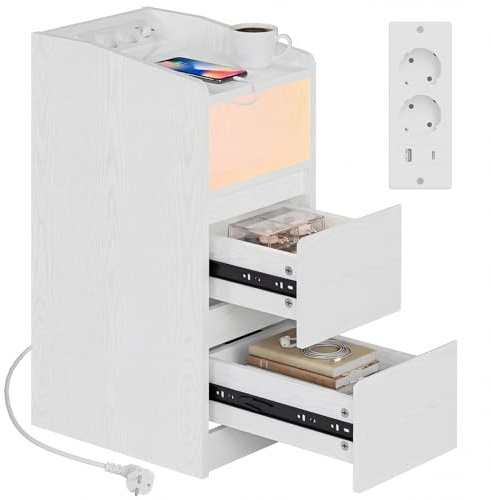 IRONCK Nachttisch Schmal, Beistelltisch mit Ladestation und LED, Weiß | Bedside Table mit Offenem Fach für Schmale Räume Schlafzimmer, Wohnzimmer, 2 Schubladen,2 AC-Steckdosen,USB+Typ-C Anschlusse