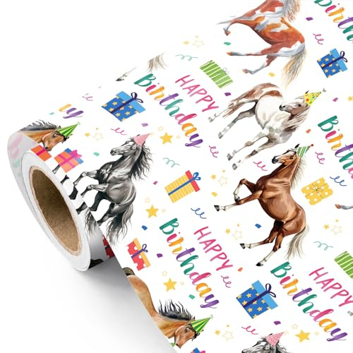 RUSPEPA Pferde-Geburtstags-Geschenkpapierrolle – Mini-Rolle – Aquarell-Pferde-Geschenkpapier mit Geschenken und Konfetti-Design für Geburtstag, Cowgirl-Cowboy-Party, Pferdeliebhaber – 43,2cm x 5m