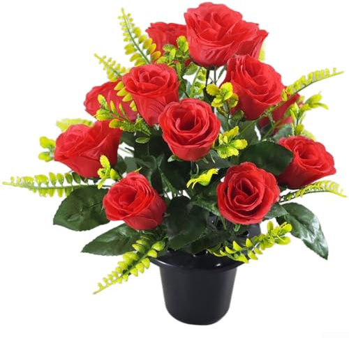 Flores de pensamiento oficiales, 12 cabezas de flores falsas en macetas de 37 cm de altura para boda, hogar, tumba, hotel, decoración, rojo, blanco, morado, rosa, azul (rojo)