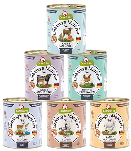 GranataPet Favoritmåltid Multipack 1, våtfoder för hundar i provpaket, helfoder utan spannmål, hundmat med hög kötthalt och högkvalitativa oljor, 6 x 800 g