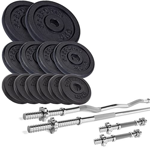 ScSPORTS® Hantelset - 27.5-100kg, inkl. 2 Kurzhanteln, Langhantelstange, SZ Stange, Ø31mm, Hantelscheiben, Gusseisen - Gewichtsset, Langhantel (27.5 KG (2x5 + 4x2.5 + 6x1.25) sv)