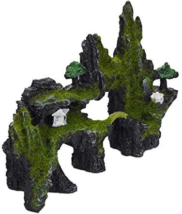 Relaxdays Aquarium Deko Felsen, Natur-Optik, japanische Dekoration, Versteck, Aquarienzubehör 17 x 23,5 cm, schwarz-grün