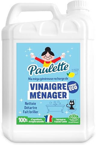 Paulette - Vinaigre Ménager Citron - Nettoyant Détartrant Multi-Surfaces Ecocert - Fabriqué en France - 5 L