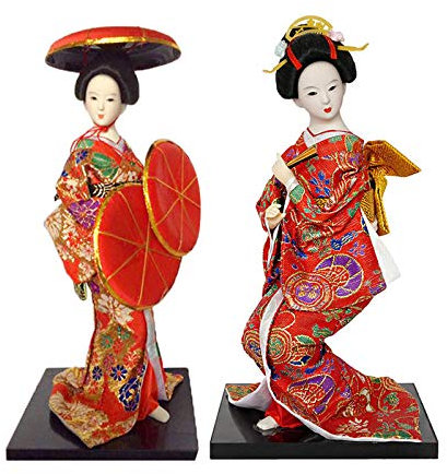Siunwdiy Reizende und empfindliche Geisha Oriental Puppe, Kimono Geisha-Puppe Maiko Puppe Marionette, asiatische Geisha Sammlerfigur Dekoration oder Geschenk (2 Stück),Rot,#01