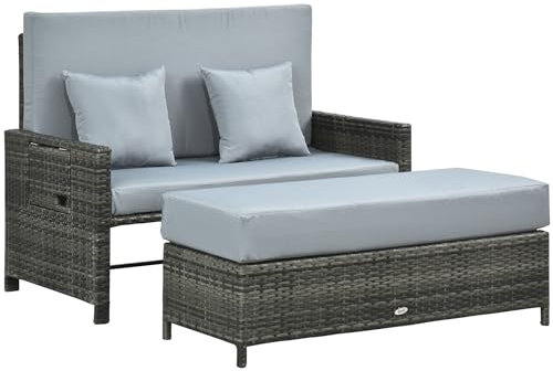 Outsunny Zweisitzer-Gartensofa mit Liegefunktion, Gartenliege in Rattanoptik, ausfahrbare Fußbank mit Stauraum, mit Sitzkissen, Grau, 130 x 72 x 96 cm