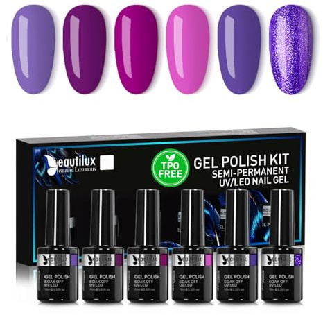 Beautilux Halbpermanentes Nagellack HEMA-frei & TPO-frei | 6 Violette Töne Soak-Off Gel 10ml – Leicht Anzuwenden, Lange Haltbarkeit für Zuhause & Salon (YT-02)
