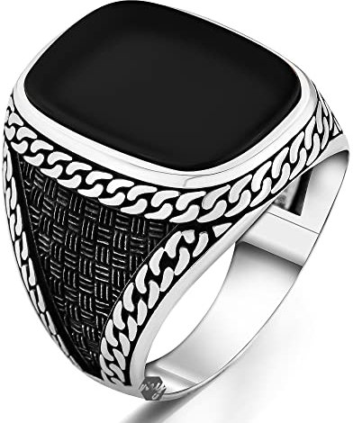 Massiver 925 Sterling Silber Custom Cut Schwarzer Onyx Stein Türkischer Herrenring 8 Metall Onyx, 8, Metall, Onyx